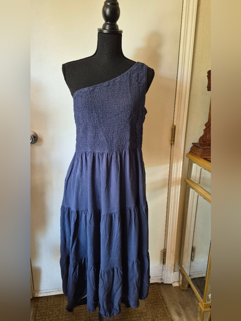 ANRABESS One-Shoulder Sleeveless Smocked Ruffle Tiered Maxi Dres